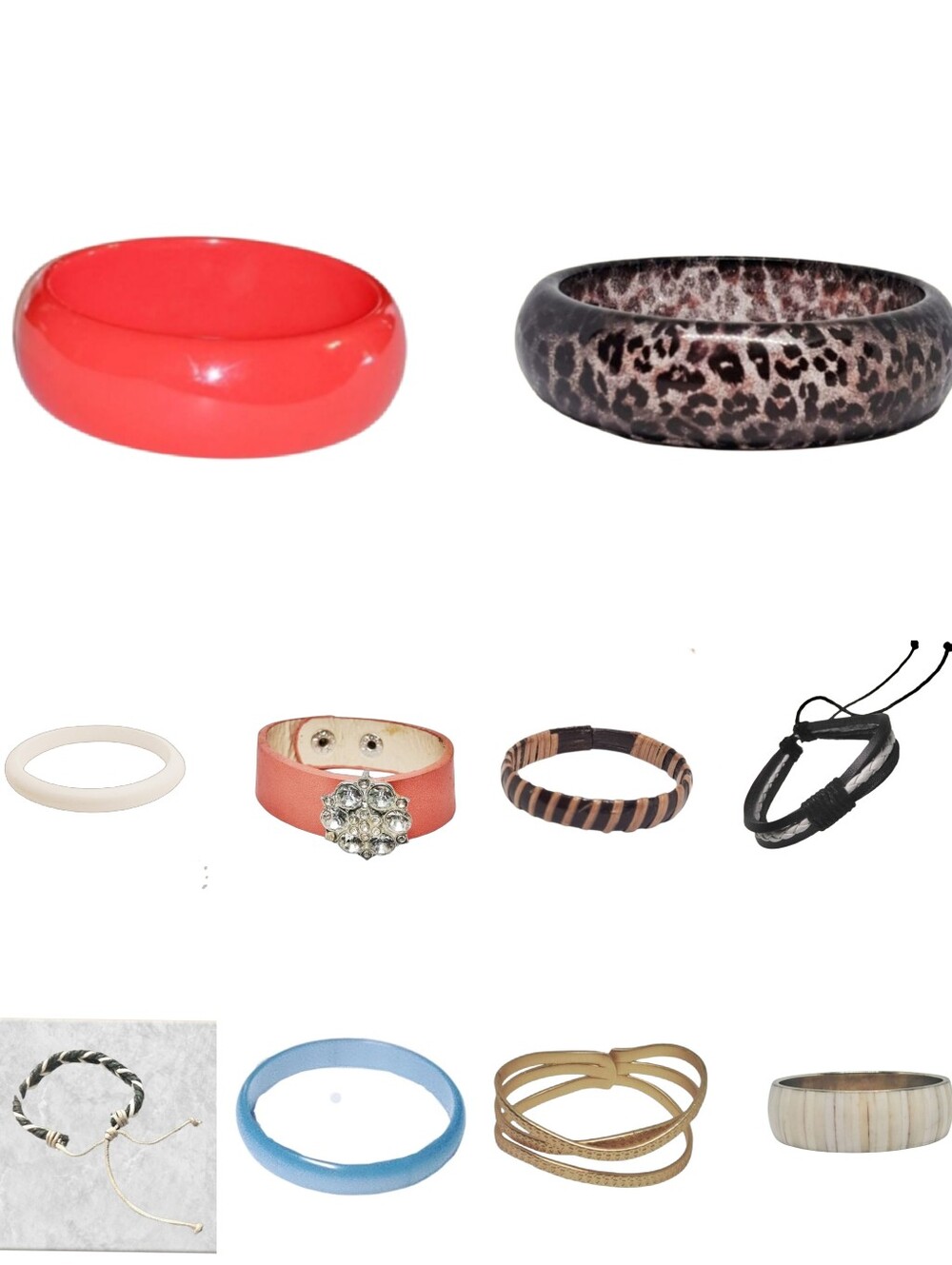 Bundle of 10 Bracelets. Miscellaneous Colors, Shapes, & Sizes.